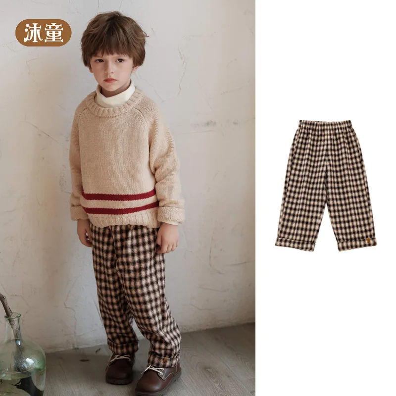 2025 Autumn/Winter New Versatile Checkered Warm Boys' Pants Fashion Trend Wide Leg Pants Children's Straight Leg Pants