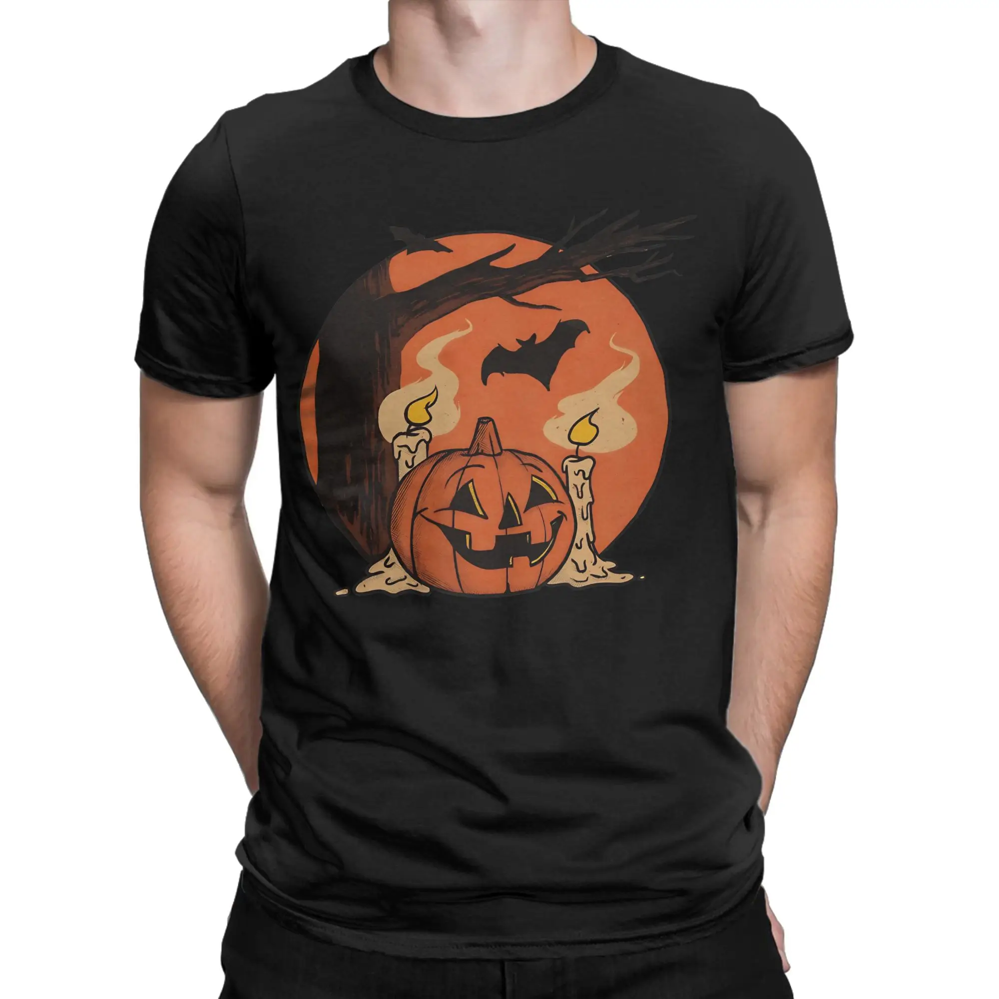 Vintage Pumpkin Scene classicNovelty 100% Cotton T-Shirt Halloween Tees Tops For Men