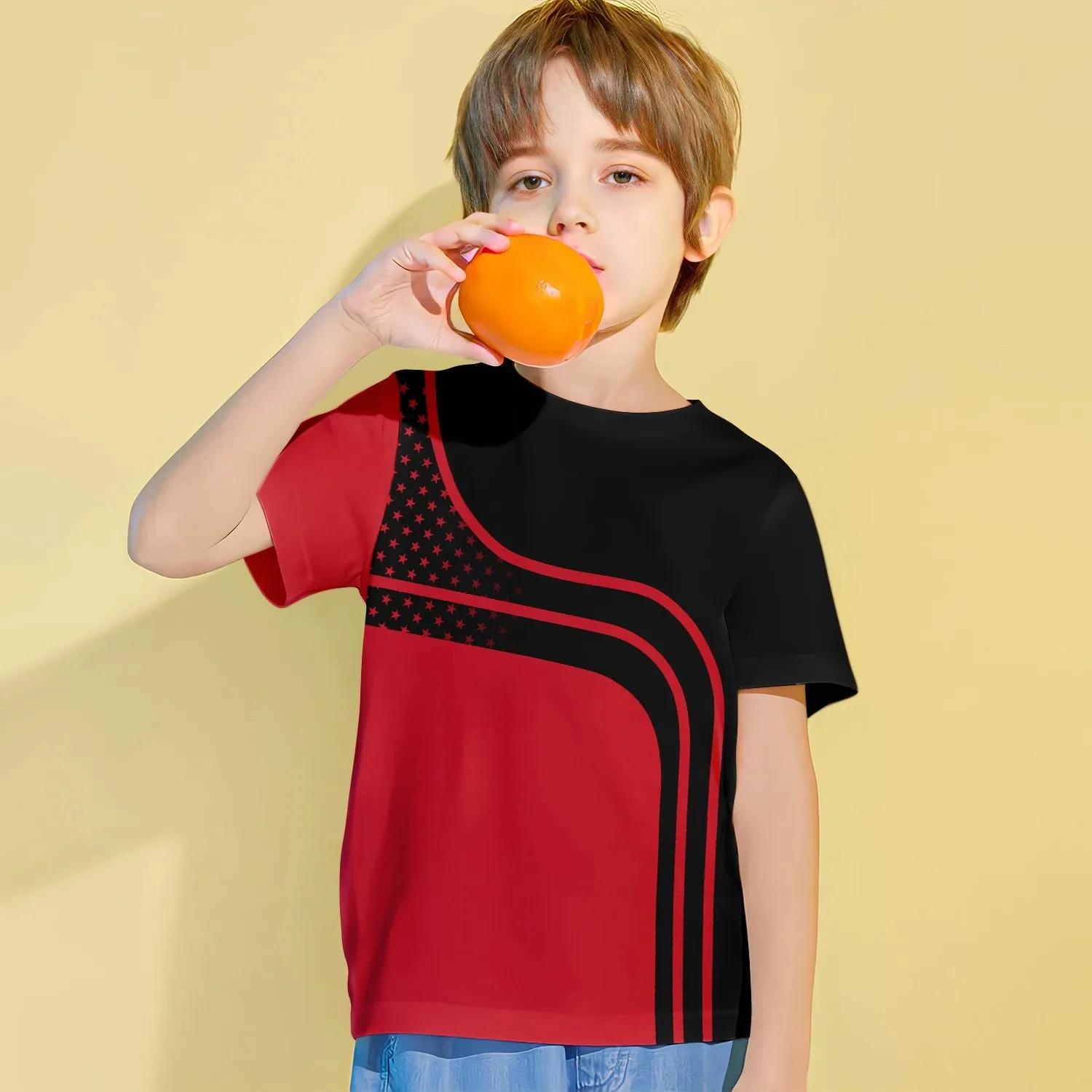 Summer Kids 3D Stripe Printing T-shirt Fashion Men Children Solid Color Short Sleeve Clothing Boys Girls Casual Streetwear