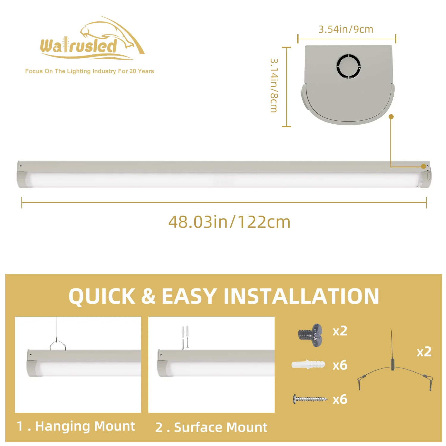Lampada da soffitto per scale a striscia lineare a LED da 4 piedi 80W 8800lm 3/4/5000K SCR Dimmerabile per interni Lampada da soffitto per negozio a LED per officina FCC