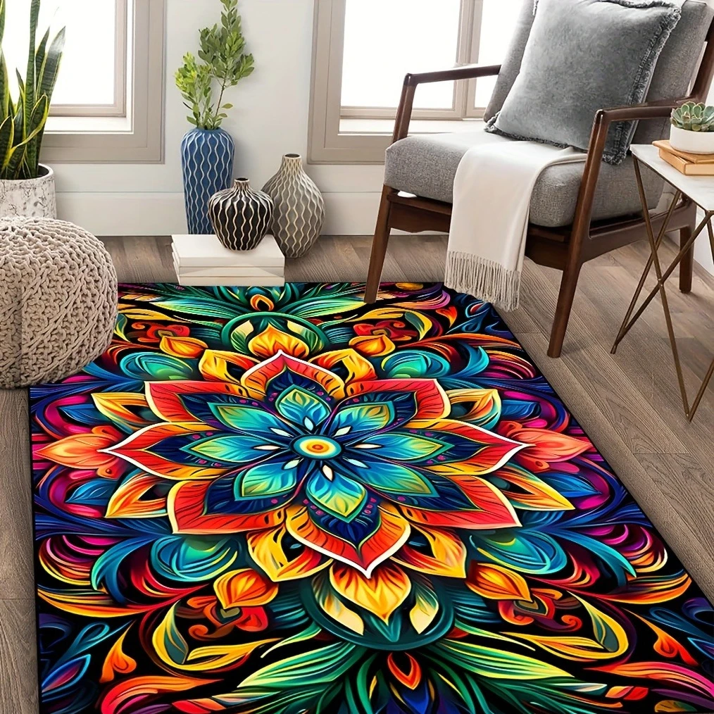 Rug Ornate Mandala Floral Boho Print Decorative Floor Carpet Living Room Bedroom Vintage Bohemian Aesthetic Home Interior House