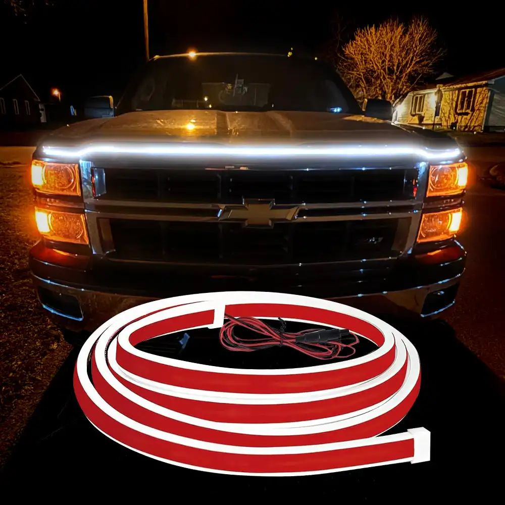71 Inch White Dynamic Scan Truck Hood LED Light Strip Waterproof Silicone PVC Front Grille Accent Lamp Ambient Glow Flowing Startup Automotive Exterior Styling Pickup SUV Flexible Adhesive ACC Wiring 10V To 15V Night Road Presence Custom Upgrade Accessory