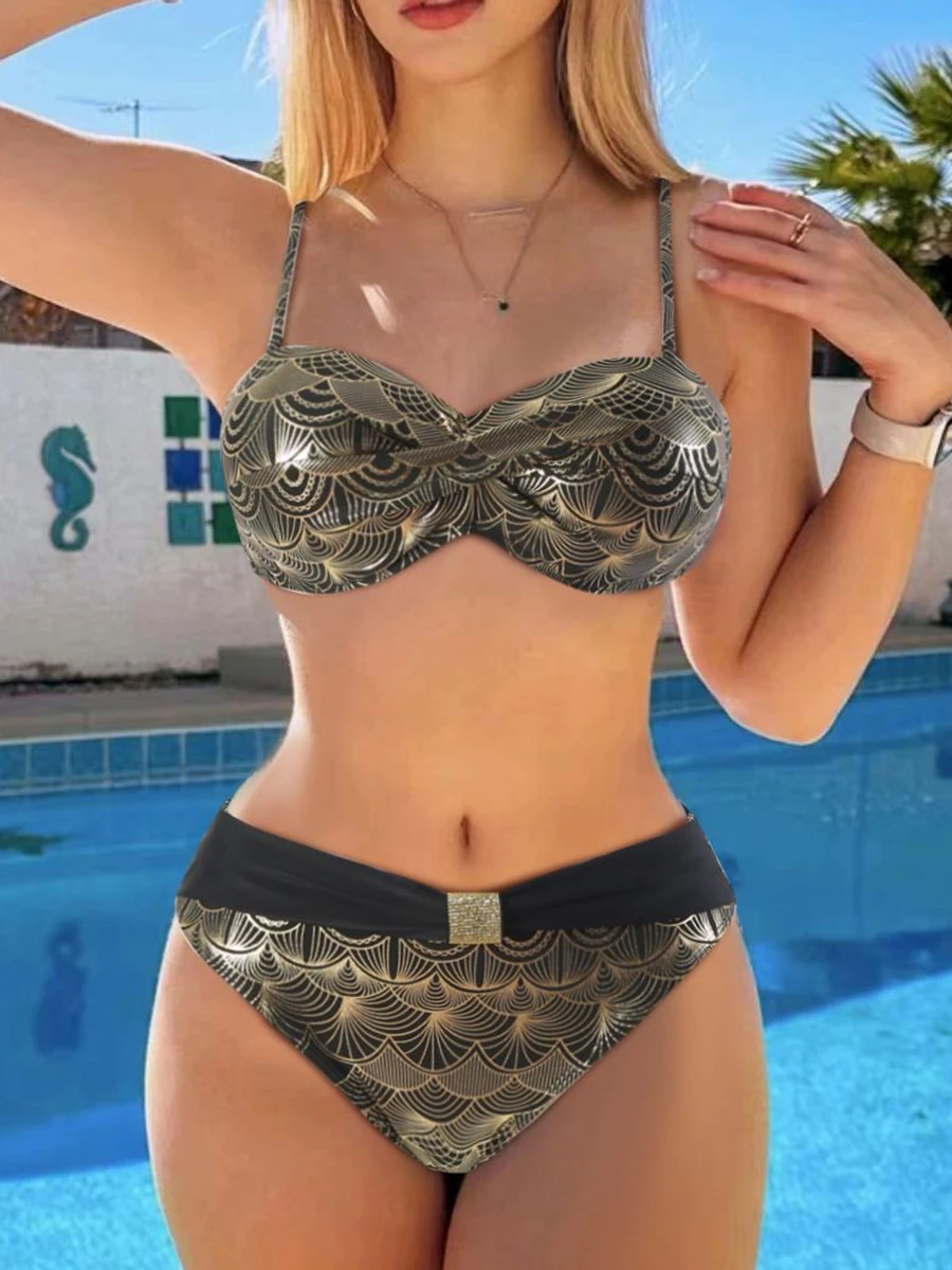 Metallic Stitch Push Up Bikini 2024 Women Sexy Swimsuit High Waist Swimwear Bathers Bathing Swimming Swim Suit Female Beachwear