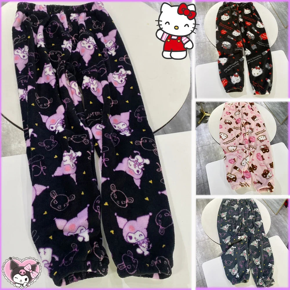 Sanrioed Y2K Hello Kitty mujeres pantalones de casa Anime Kawaii dibujos animados invierno pantalones de pijama de felpa cálido grueso lindo dulce chica regalo suave