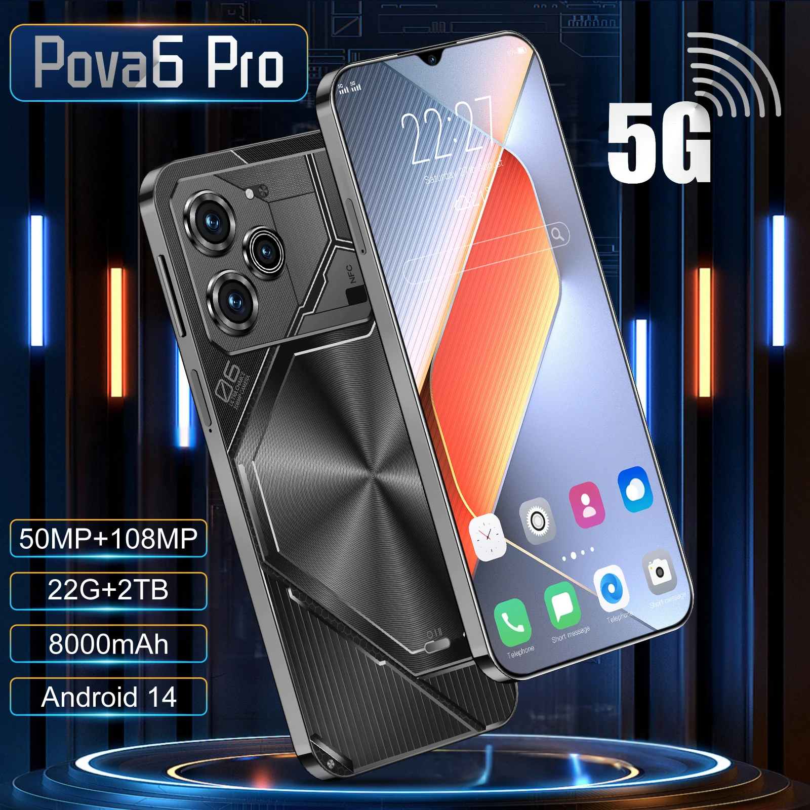 Pova6 Pro Smartphone 5G Android 14 Dual SIM Original 7.3 inch Screen 108 Million HD Camera 22GB 2TB 8000mAh Global Version Phone