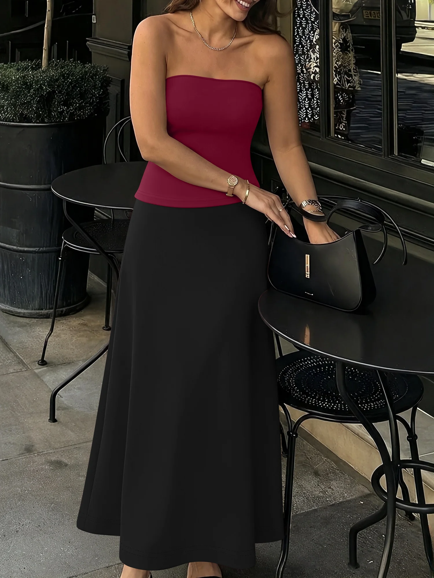 Retro Hong Kong Style Tube Top + Mermaid Maxi Skirt Set Women Elegant Slim Vintage Outfit