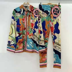 Retro geometric print lapel loose shirt two-piece 2024 summer men's and women's new + elastic waist straight pants fashion set