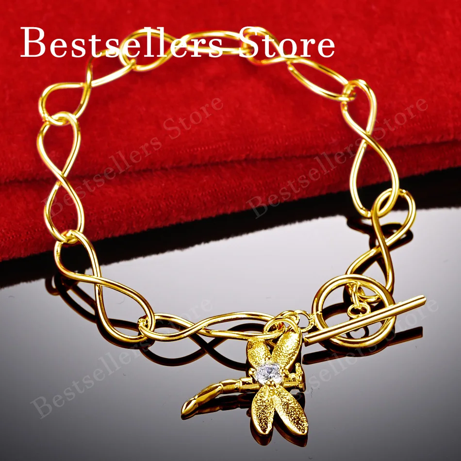925 Sterling Silver 18K Gold Plated Exquisite Dragonfly Zircon Bracelet Fashion Women Wedding Jewelry Party Gift