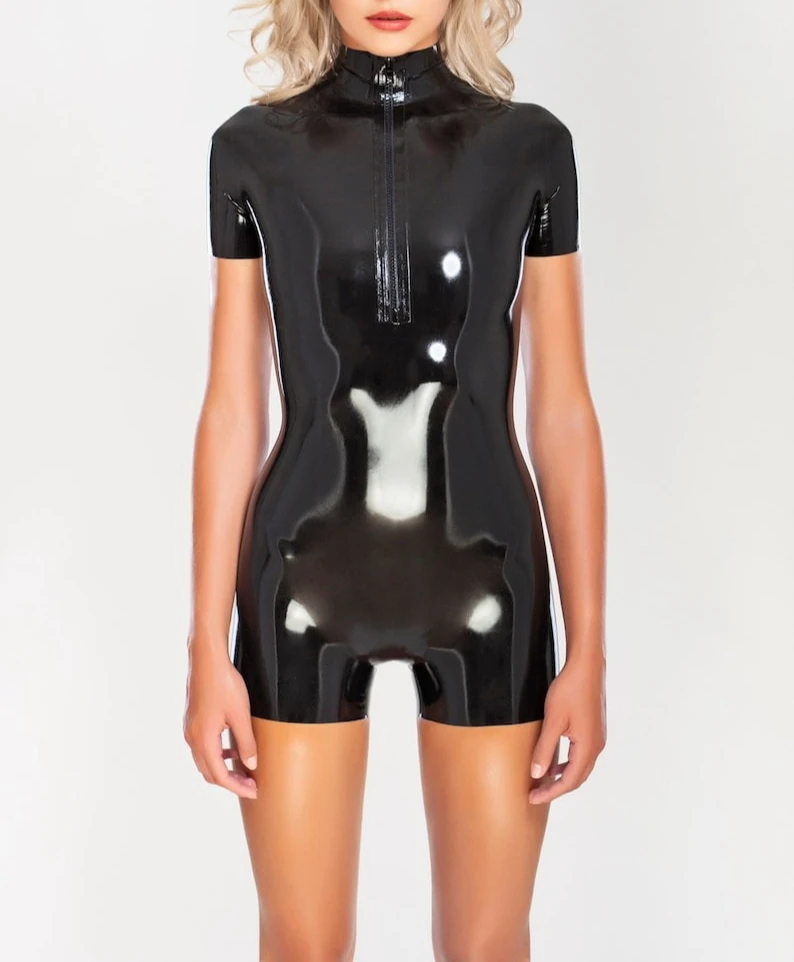 

customized eurocat women Sexy short latex catsuit natural rubber handmade fashion bodysuit with front zipper