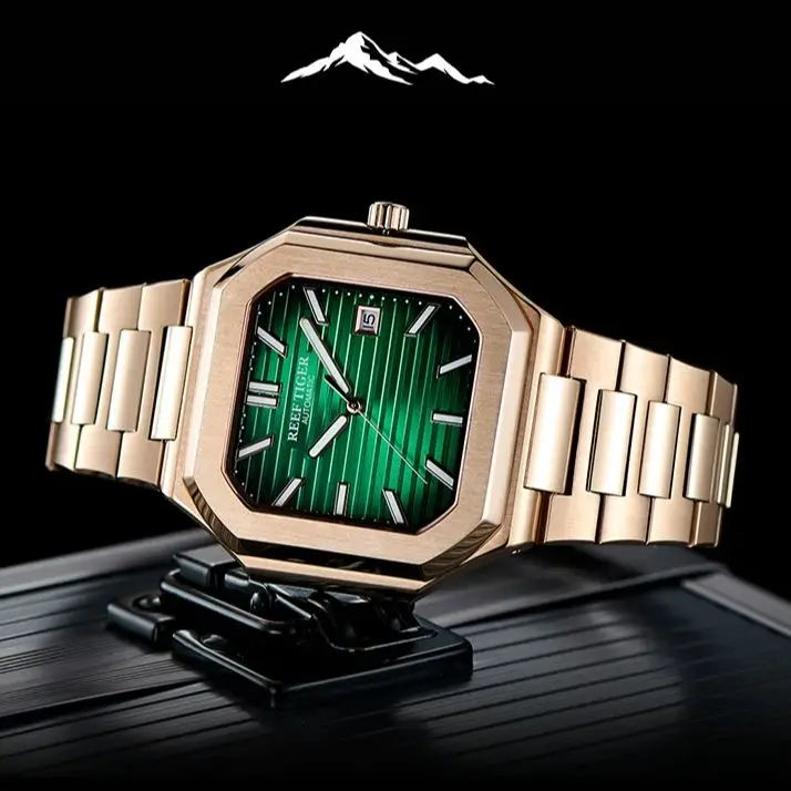 Reef Tiger Men Automatic Watch 44mm Square Luxury Mechanical Wristwatch 5ATM Waterproof Luminous Sapphire Mirror Date