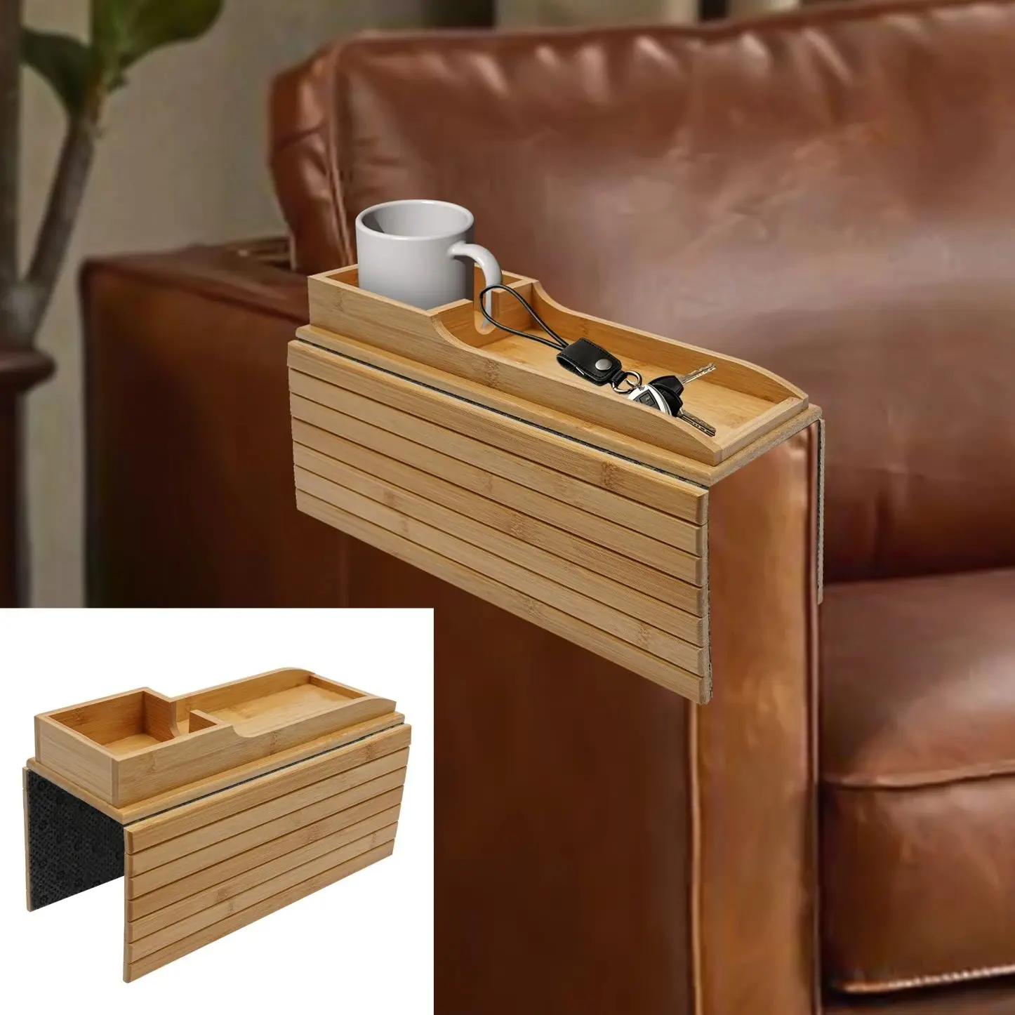 Flexibler Couchtisch aus Bambus, 3,7 Zoll, Getränkehalter, Sofa-Tablett, Holzfarbe, für Zuhause, Büro, Wohnzimmer, Dekoration