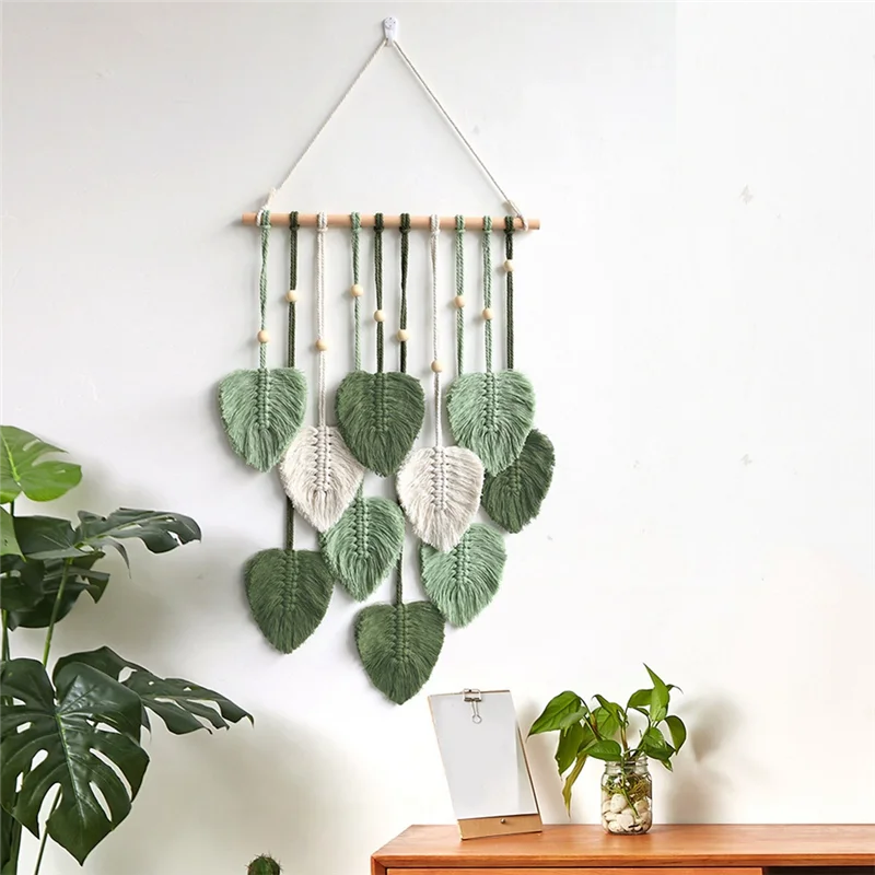 Blatt Makramee Wandbehang Boho Zimmer Home Decor Gewebter ästhetischer Wandteppich Home Room Hochzeitsdekoration Grün