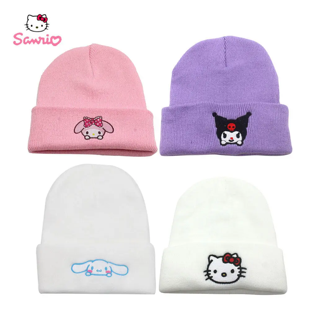 

Cartoon Cute Sanrio Knitted Hat Hello Kitty Cinnamoroll Kuromi Embroidery Pullover Hat Kawaii Boys Girls Couple Winter Warm Hats