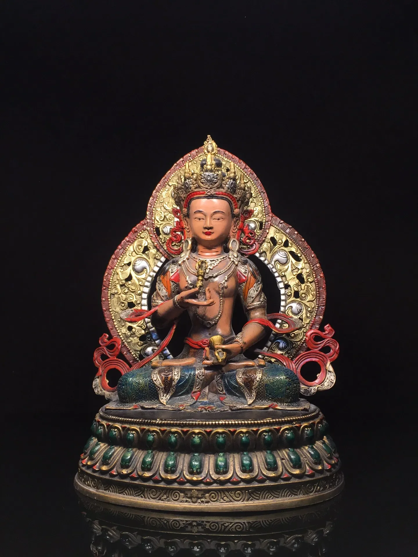 

13"Tibetan Temple Collection Old Bronze Painted Backlight Vajrasattva Buddha Lotus Platform Worship Hall Town house Exorcism