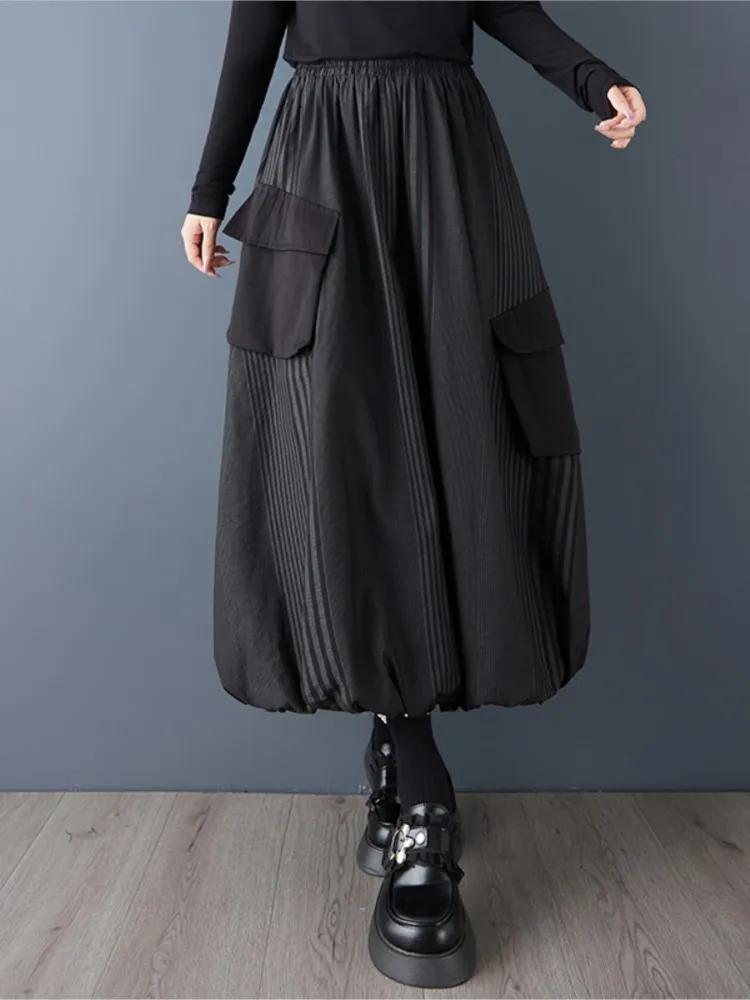 Oversized Spring Fall Midi Striped Skirt Women Fashion Ladies Casual Loose High Waist Woman Black Dark Academia Skirts