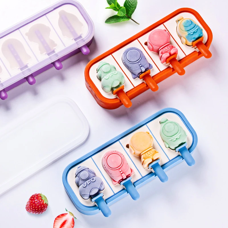 Cartoon Space Rocket Astronaut Ice Cream Silicone Mold With Lid Family Popsicle Ice Cube Tray Mold Cheese Kitchen Accessories