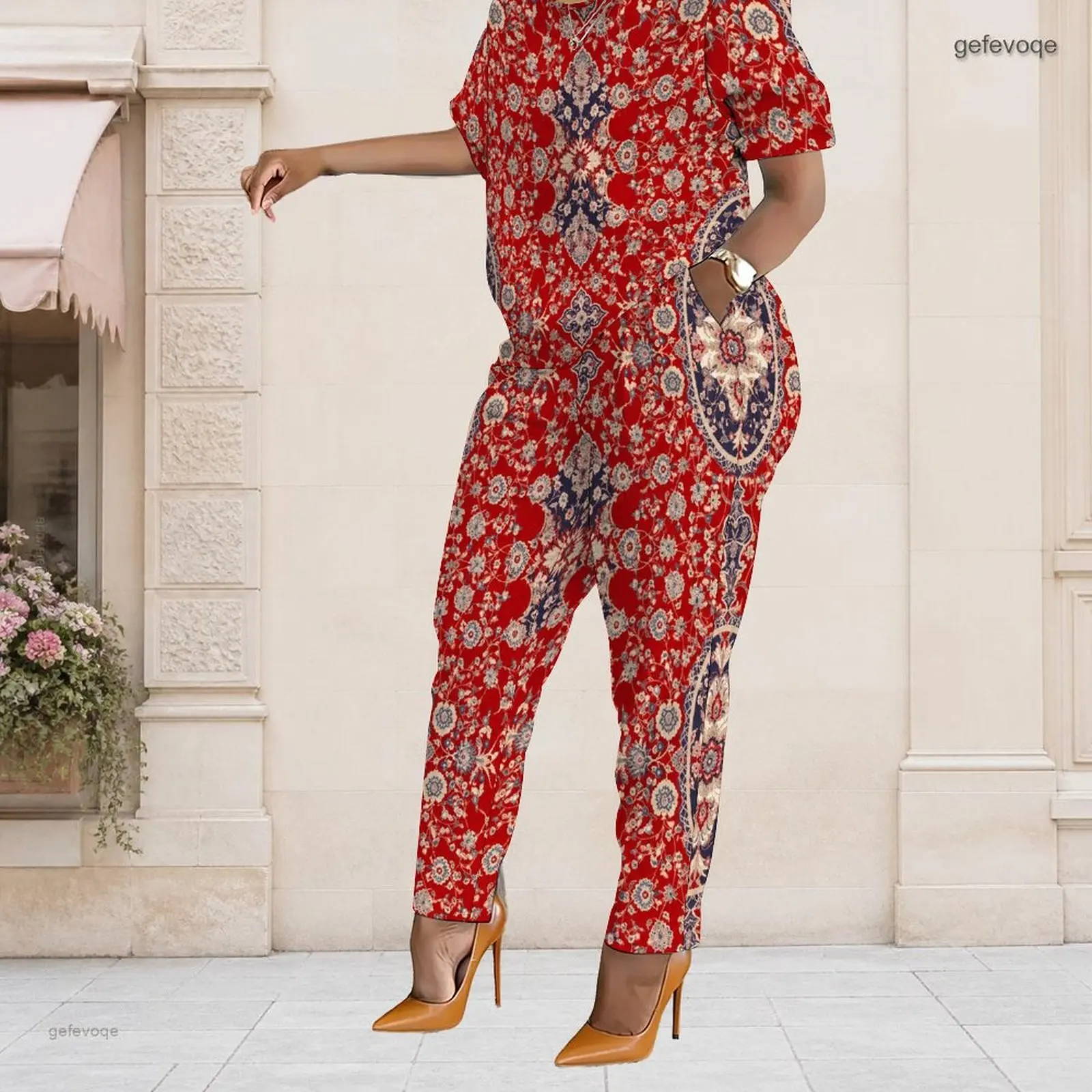 Summer Graphic Print Plus Size Sets Women O Neck Retro Ethnic Plus Size Clothes Womens Clothing Daily Party Wear