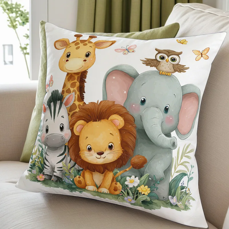 1pc Cartoon Jungle Animal Printed Throw Pillow Cover,Suitable for Sofa,Bedroom,Living Room. Easily Create a Playful Atmosphere