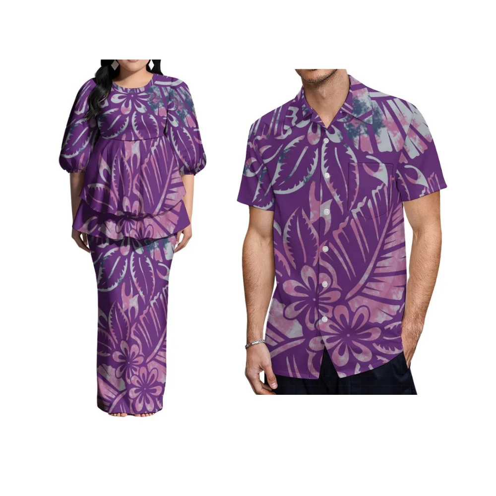 Robe de costume pour femmes, imprimé Floral Samoan, Puletasi personnalisé, manches bouffantes, ourlet Double couche, chemise pour hommes, robe de Couple
