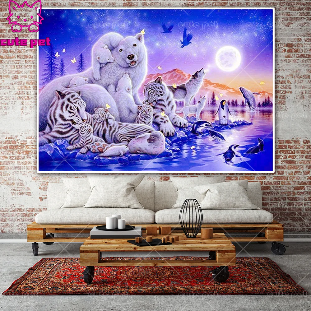 Full Drill Tiger bear wolf dolphin under the moon mosaic 5D puzzle Diy Diamond Painting Embroidery Cross Stitch Rhinestone Decor