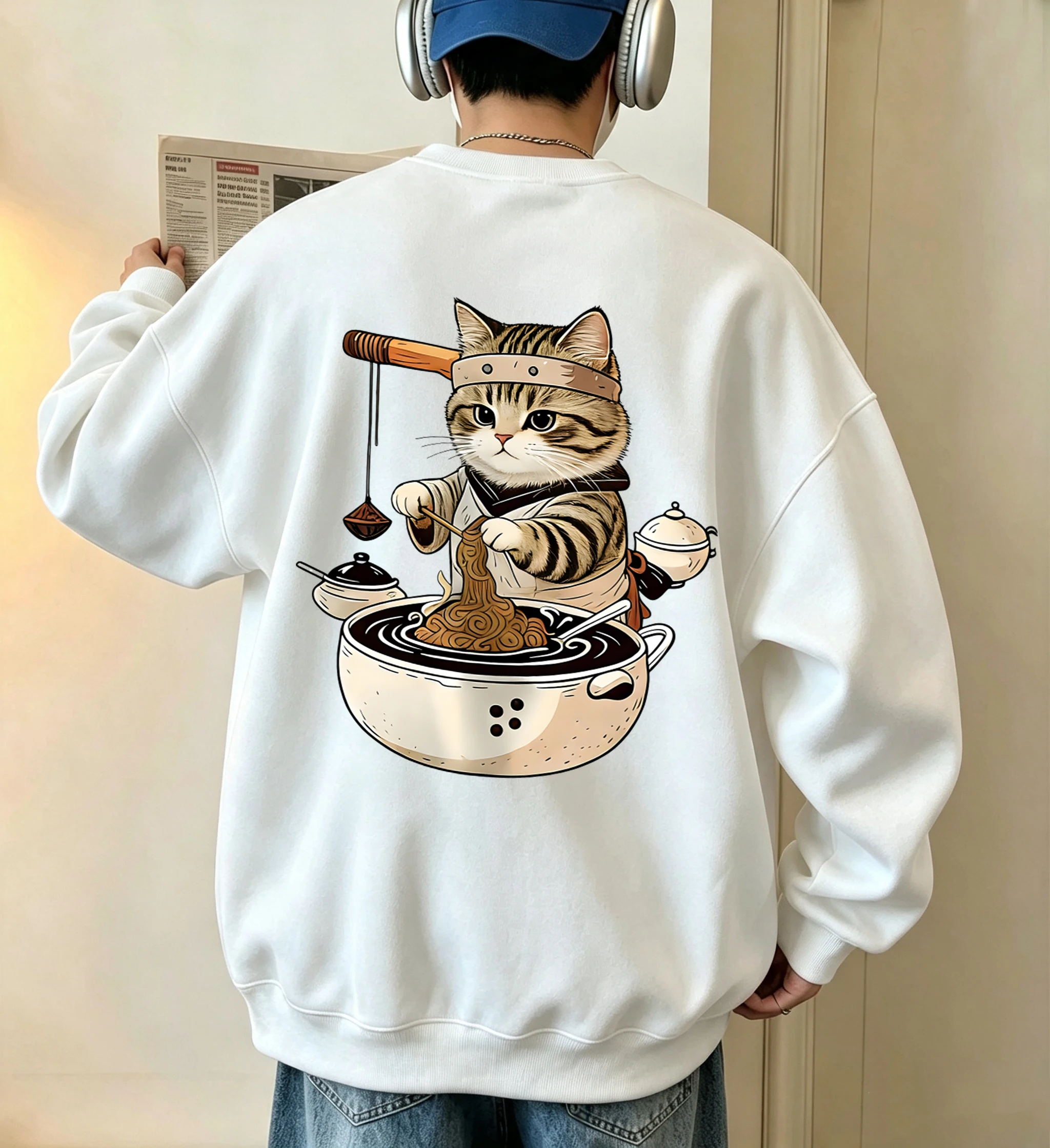 Master Cat Is Making Lamian Noodles Printed Male Basic Autumn Sweatshirts Loose All-Match Streetwear Fleece Soft Sports Clothes