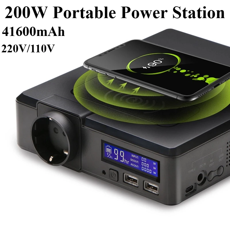 200W Portable Power Station 154Wh Solar Powerbank 41600mAh lithium ion With wireless charging Outdoor Emergency Mobile PowerBank