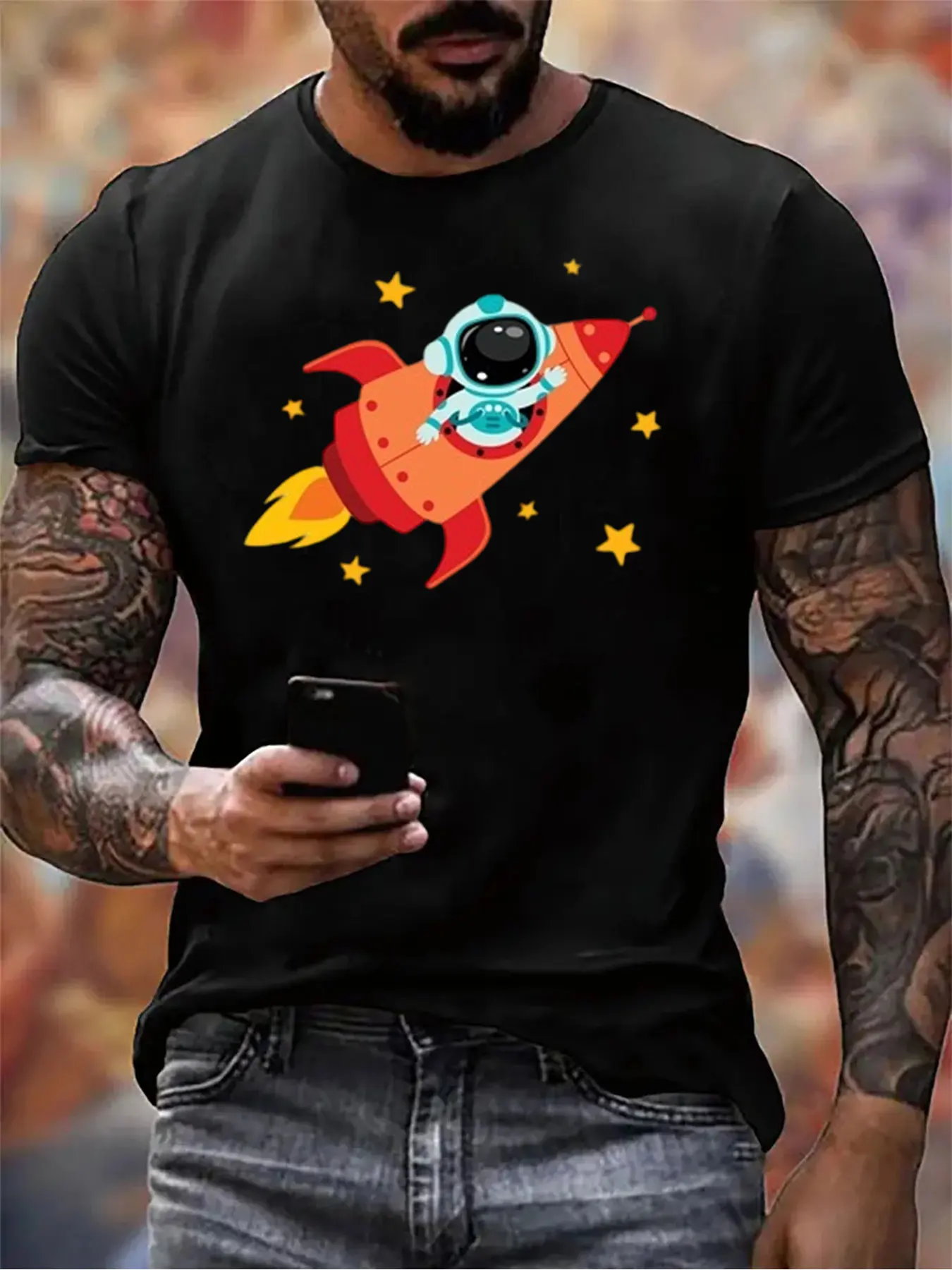 

Men's Cotton Astronaut Rocket Print Tee For Christmas Gift, Soft Crew Neck Shirt For Outdoor Activities, Top For Him