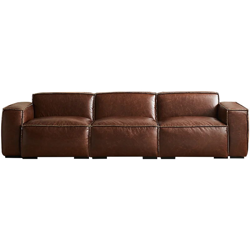 

Retro leather sofa Nordic medieval style simple living room straight row square first layer oil wax leather