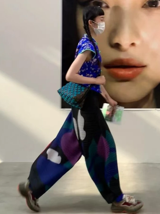 

YUDX Miyake Fold Haren Pants с принтом для девочек, повседневные утягивающие широкие брюки, новинка осени 2024, осень