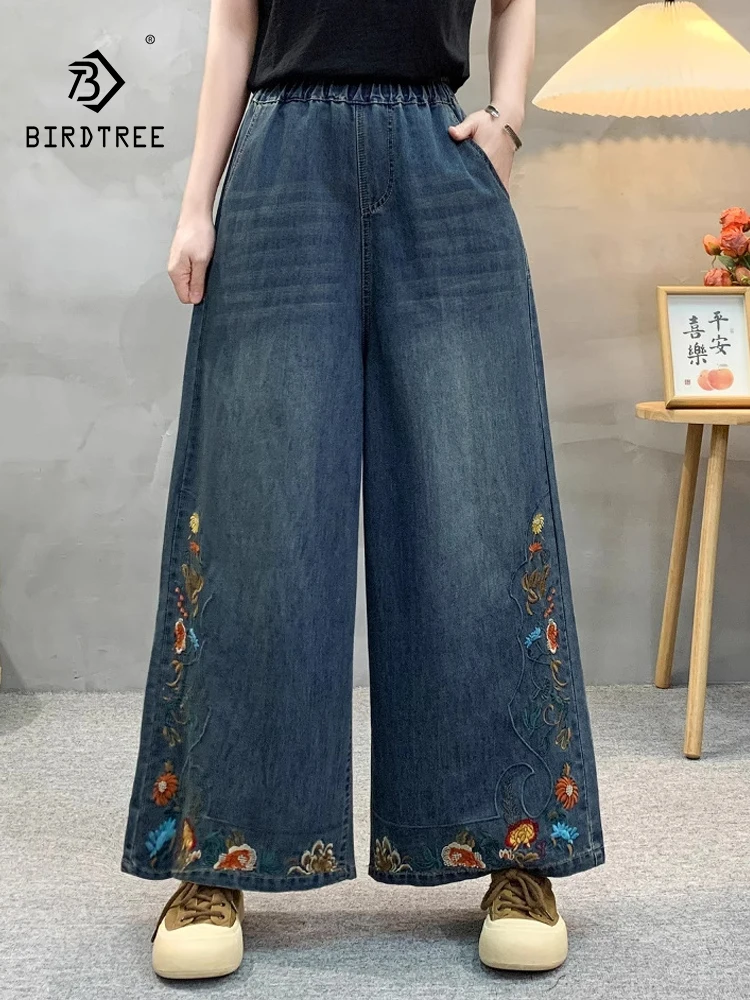 

New 2025 Summer Denim Cotton Jeans, Women Elastic Waist Floral Embroidery, Mori Girl Vintage Loose Straight Trousers B55950CC