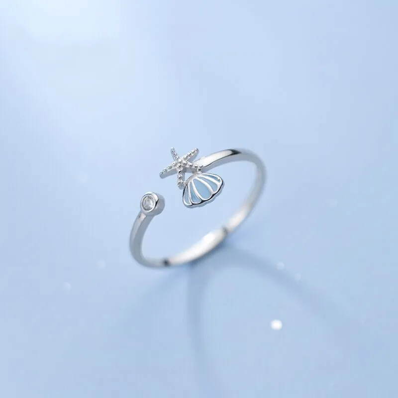 New Fashion Creative Shell Starfish Zircon 925 Sterling Silver Jewelry Temperament Fairy Personality Sweet Opening Rings JZ022
