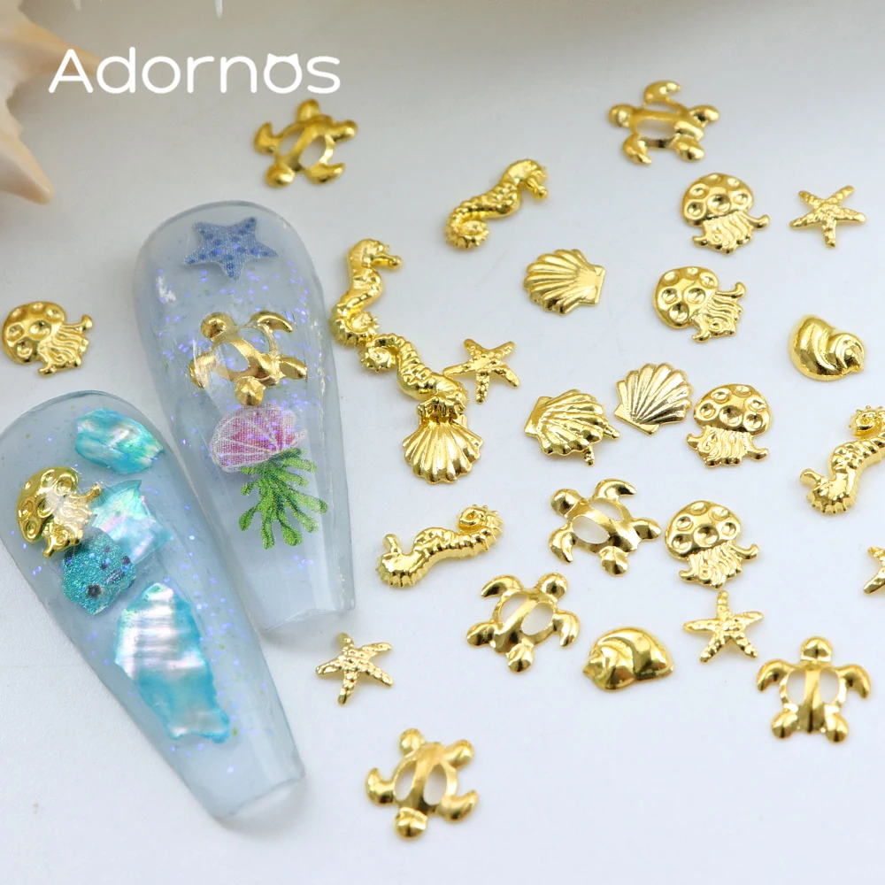 Gold Starfish Conch Nail Charms, Metal Rebites, Unhas Acessórios, Summer Ocean Style, Nail Art Supplies, Decorações, 300 pcs por caixa