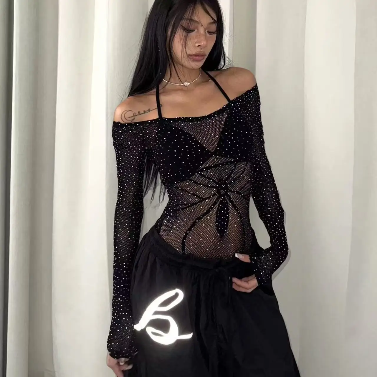 

New 2026 Sexy Spicy Hollow out See tough Rhinestone Cover up Tight Double Sided Wear Onesie Jazz Dance Top Women's Faion