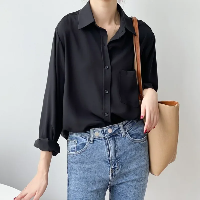 Blusa de manga larga para mujer, camisa holgada de estilo coreano, color liso, para primavera y verano, 11354