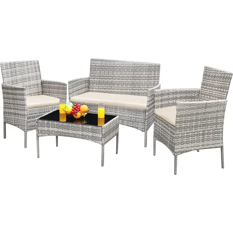 Patio Furniture 4 Pieces Conversation Sets Outdoor Wicker Rattan Chairs Garden Backyard Balcony Porch Poolside loveseat