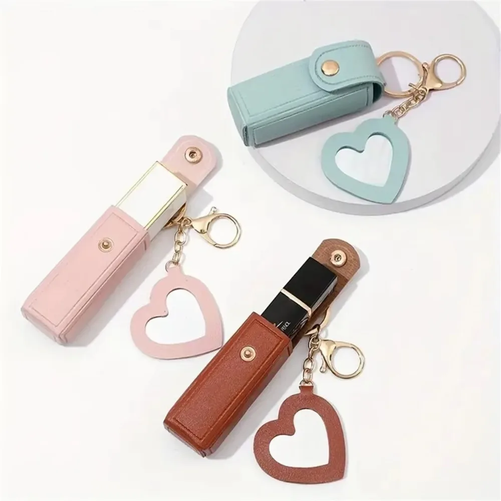 1PC PU Leather Lip Balm Bag Keychain with Mirror Portable Lipstick Pouch Holder Metal Keyring Women Travel Makeup Storage Bag