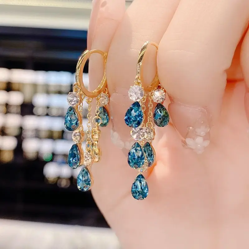 New Super Sparkling Blue Crystal Water Droplet Tassel Earrings with Elegant Long Style and Unique Design for Women\'s Earrings