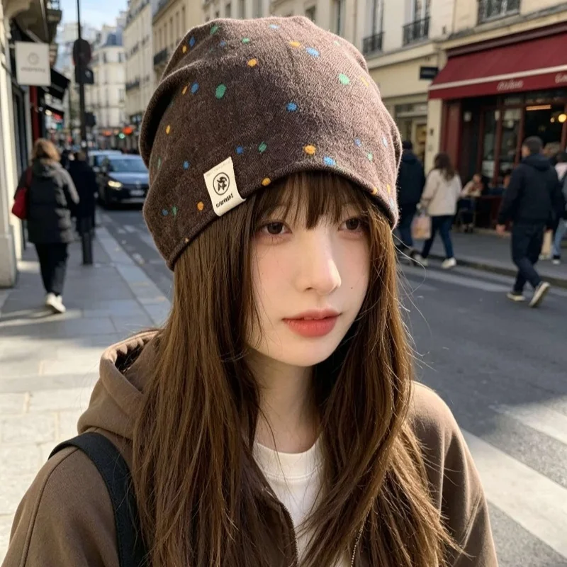Womens Stack Hat Slouchy Knit Beanie, Colorful Dots Print Label Decor Casual Soft Warm Streetwear Winter Skull Hat