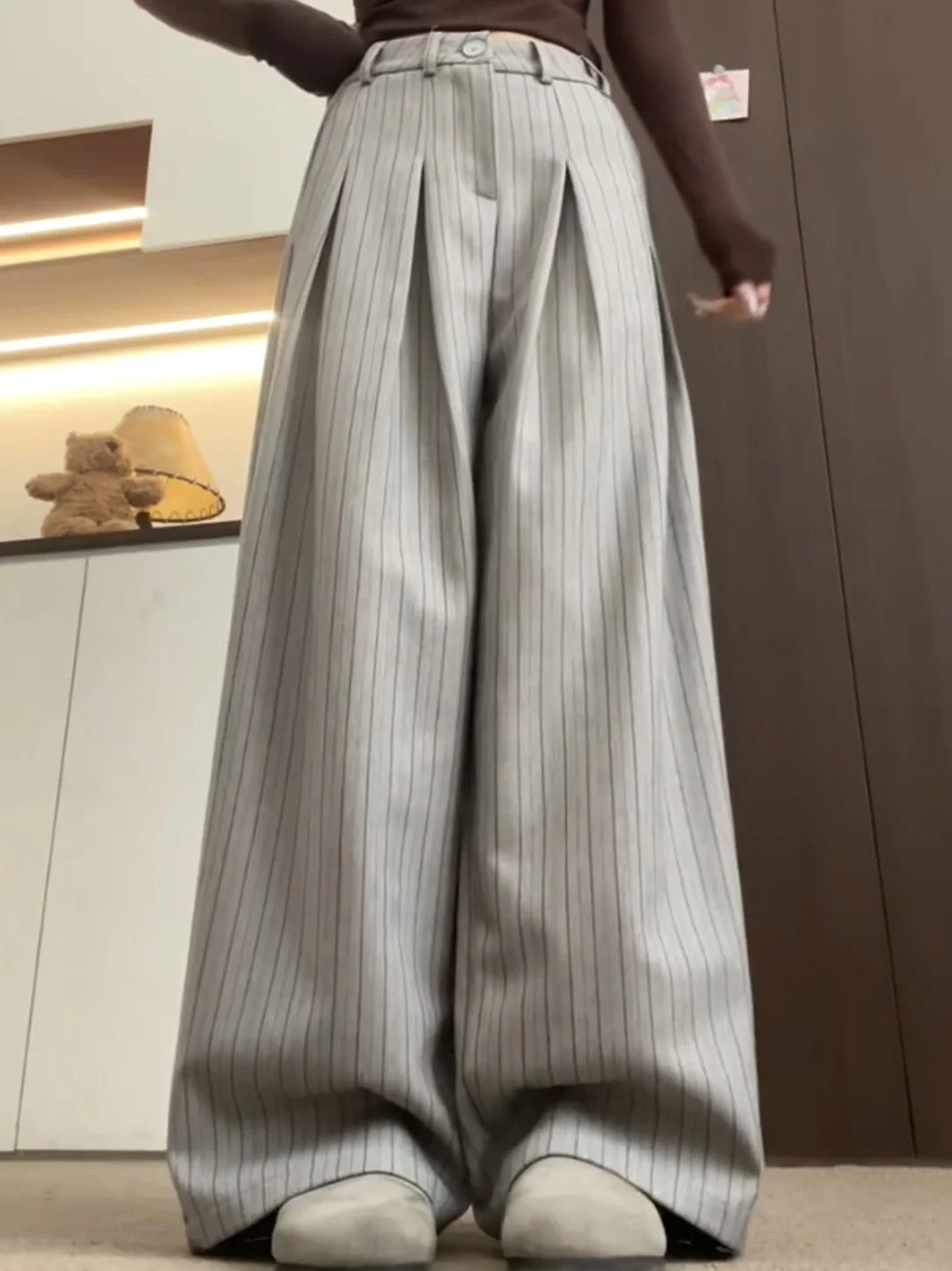 Fashionable Casual Wide Leg Pants Draped Slimming Stripe High Waist Straight Cut Summer 2026 New Style Versatile Ladies Trousers