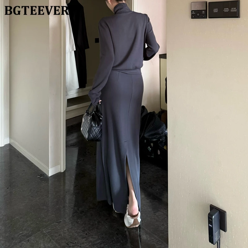 BGTEEVER Casual Loose Women Tracksuits Long Sleeve Zipper Up Coats & High Waist Split Package Hip Skirts Ladies 2 Pieces Set
