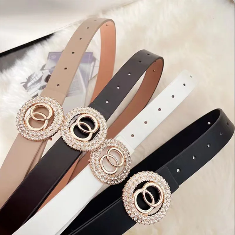 Gold Double Round Rhinestone Buckle Women Fashion Belt High Quality PU Leather Belt Versatile Jeans Suit Decorative Waisband