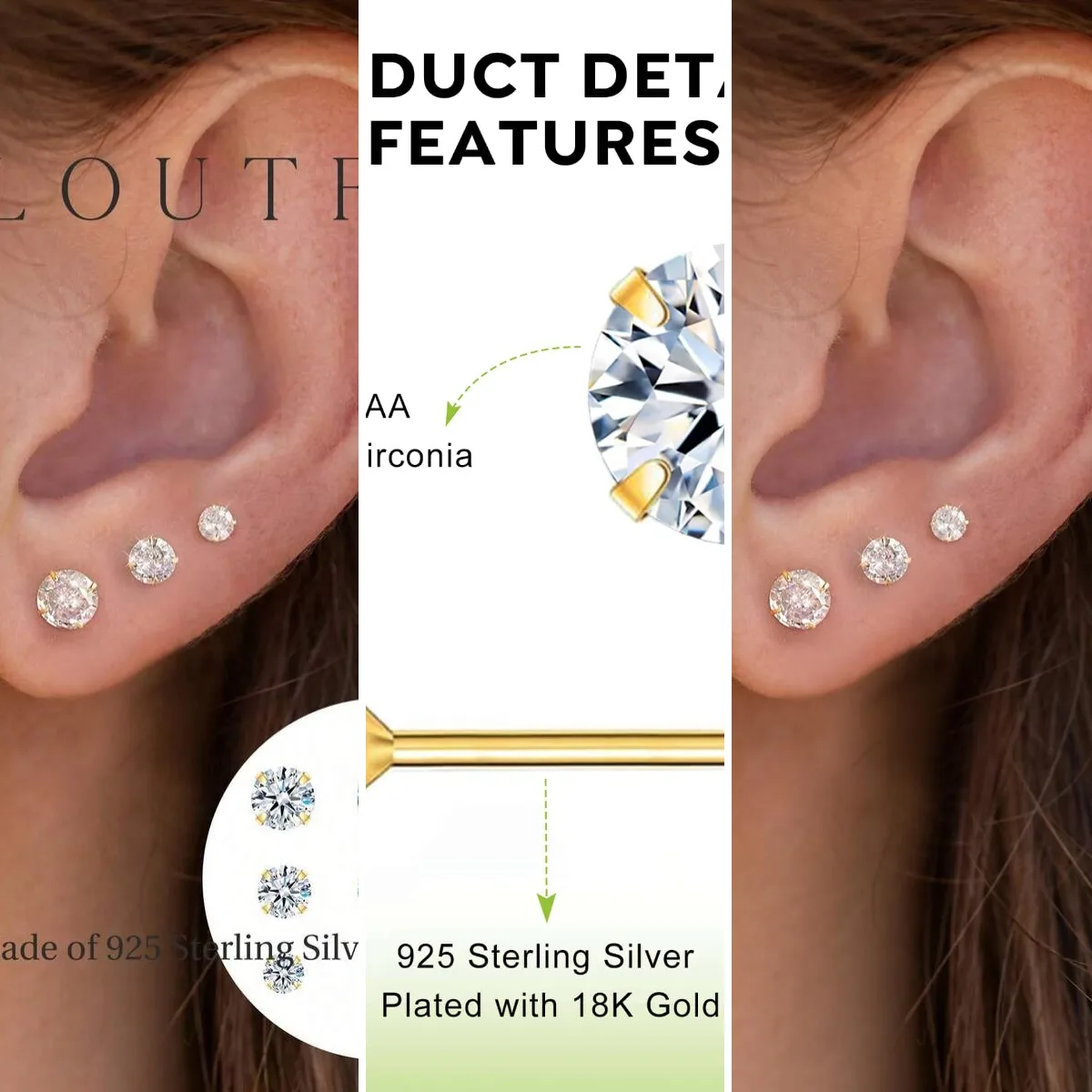 Newsoul 3 Pairs/Set Fashionable Cute S925 Sterling Silver Cubic Zirconia Stud Earrings, Women's Jewelry, Girls' Party & Date Gif