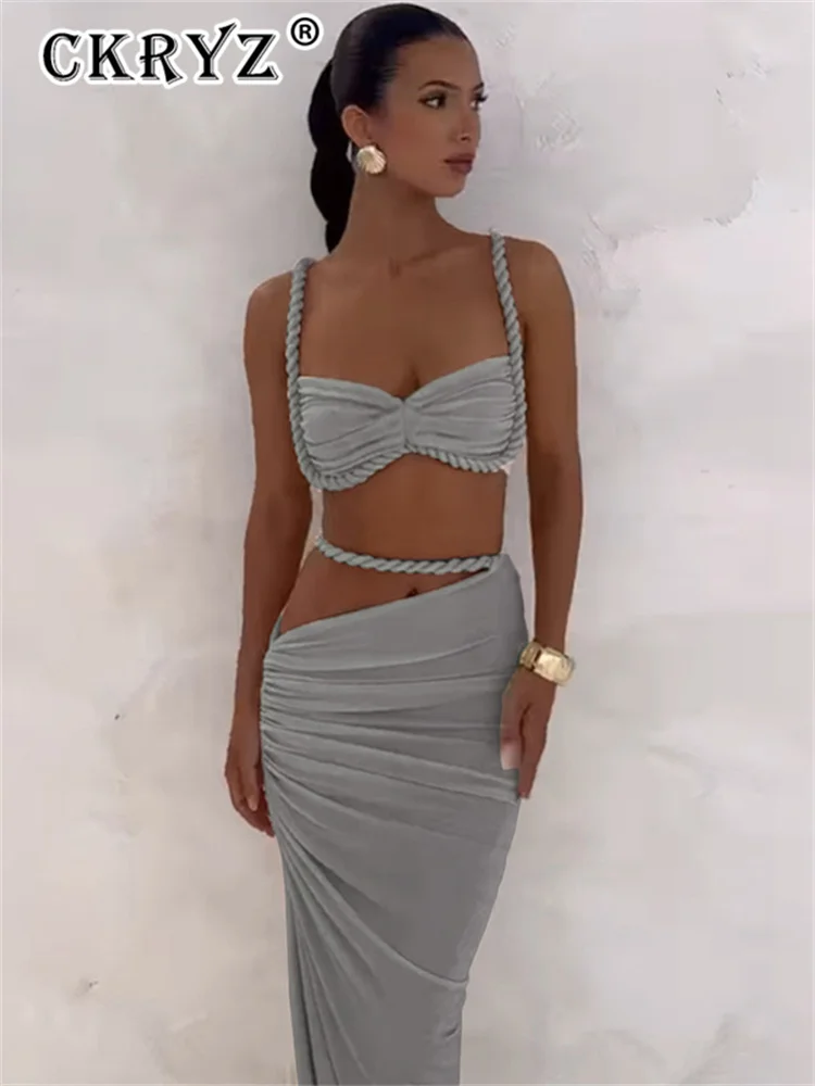 Dames été fête 2 pièces jupe ensemble femmes sans manches dos nu haut court jupes longues ensembles assortis Club Streetwear femme vêtements