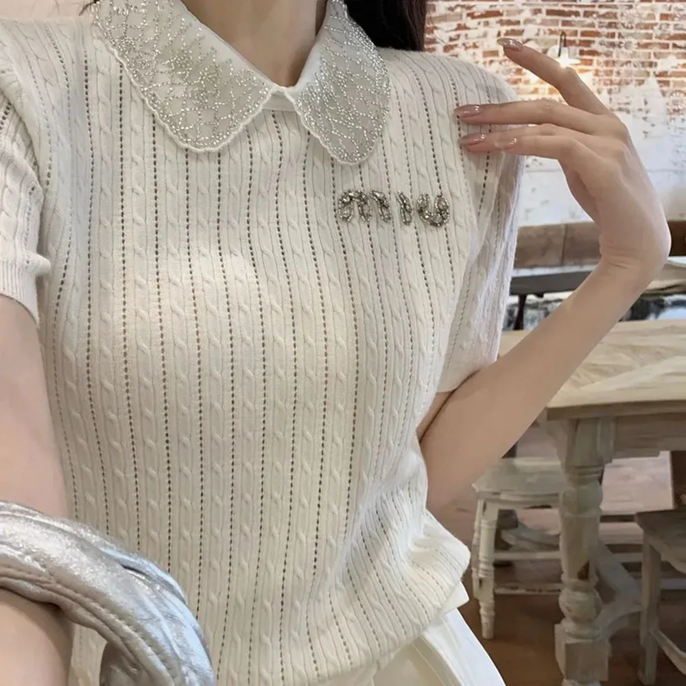 Elegant Office Vintage Sweater 2024 Women\'s White Short Sleeve Knit T-shirt Summer Sweet Beadwork Lapel Lady Tops Thin Pullovers