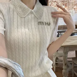 Elegant Office Vintage Sweater 2024 Women's White Short Sleeve Knit T-shirt Summer Sweet Beadwork Lapel Lady Tops Thin Pullovers