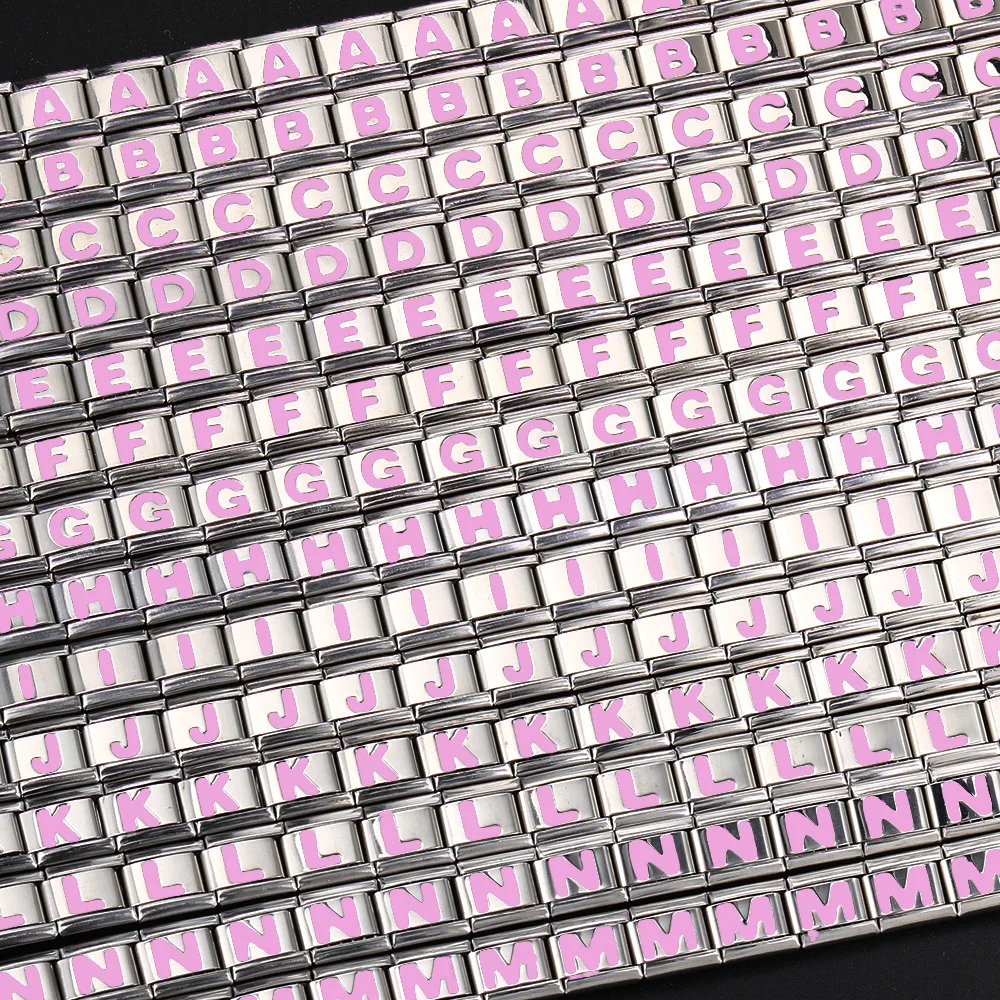 وصلات إيطالية من الستانلس ستيل للرجال والنساء ، سحر وردي مناسب لصنع المجوهرات بنفسك ، حروف إنجليزية ، 26 ، 9 * ، موضة جديدة ،