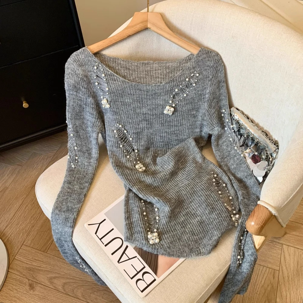 Baddie Style Irregular Hole Breaking Hollow Long Sleeve Knitted T-shirt Women's Fitting Slim Beaded Flowers Round Neck Inner Top