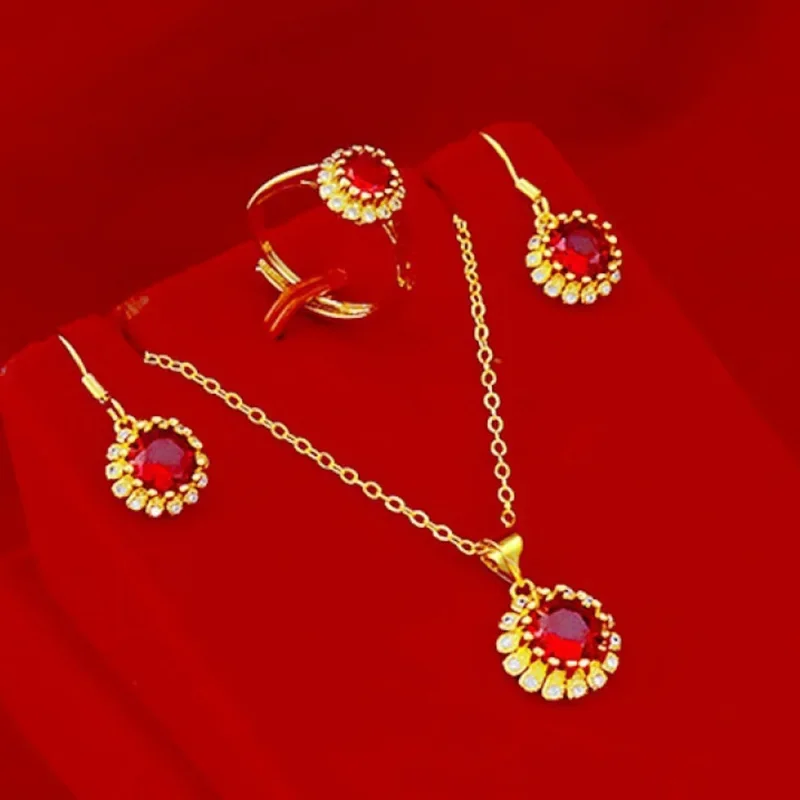 

Gold 24k Daisy Ring AU999 Real Gold Womens Ruby Micro Set Sunflower Set Necklace Earrings Pure Gold Three Piece Set