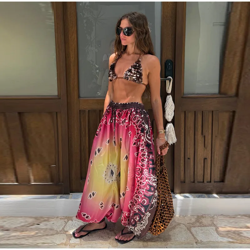 2026 Summer Gradient Contrast Print Harem Pants Oversize Baggy Elastic Waist Boho Trousers Women New Trendy Classy Lady Bottoms