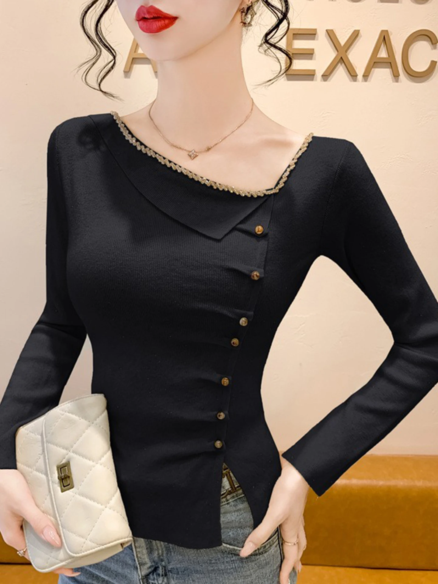 เสื้อไหมพรมถักแบบสลิมฟิต รุ่น Ele Long Sve ประดับคริสตัล ดีไซน์ผ่าข้างแบบอสมมาตร สไตล์เกาหลี เนื้อผ้านุ่ม